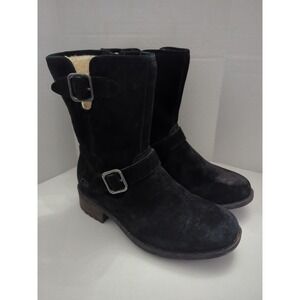 UGG Chaney Black Suede Moto Boots Side Zip Buckle Sherpa Lined Block Heel Sz 6.5